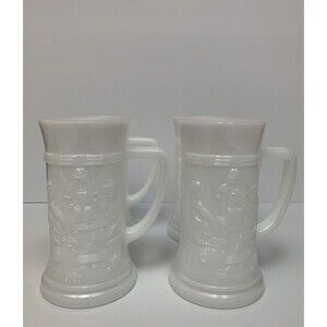 Vintage‎ Federal White Milk Glass Beer Stein Mug Tankard Tavern Scene Set (4)